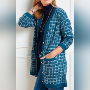 ✨HP✨Talbots Blue Plaid Pure Merino Wool Long Cardigan Sweater Size Petite Medium